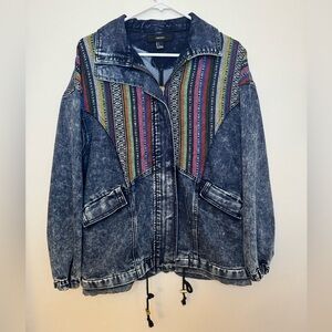 Forever 21 Boho Aztec Pattern Acid Wash Denim Jacket Women’s Small Oversized